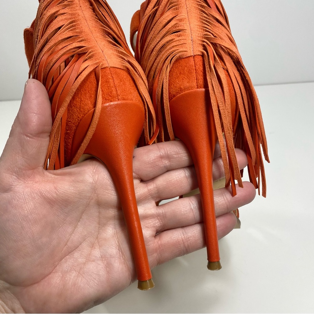 Nine West Hustle Orange Suede Leather Fringe Strappy Stilettos Heels Sandals 7 - Picture 10 of 12